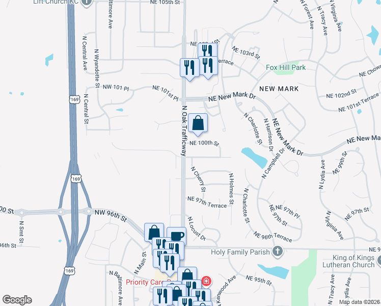 map of restaurants, bars, coffee shops, grocery stores, and more near 504 Northeast 100th Street in Kansas City