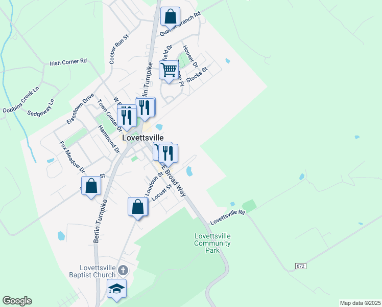map of restaurants, bars, coffee shops, grocery stores, and more near 24 Park Place in Lovettsville