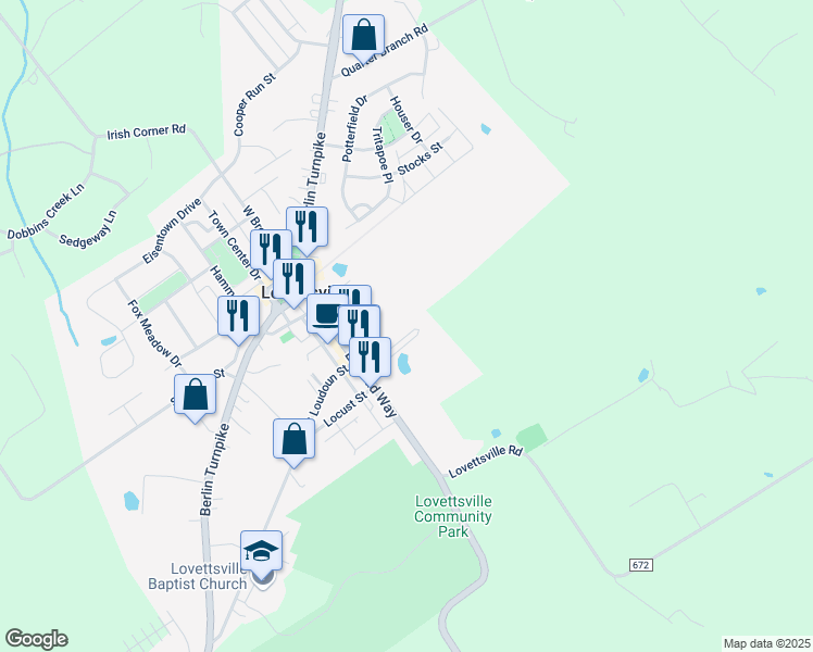 map of restaurants, bars, coffee shops, grocery stores, and more near 24 Park Place in Lovettsville
