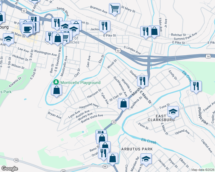 map of restaurants, bars, coffee shops, grocery stores, and more near 136 Harrison Street in Clarksburg