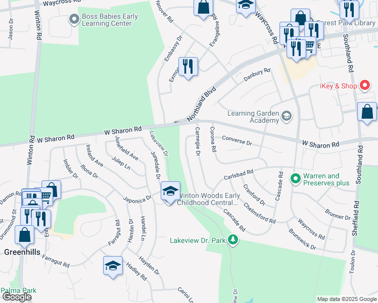 map of restaurants, bars, coffee shops, grocery stores, and more near 10943 Carnegie Drive in Cincinnati