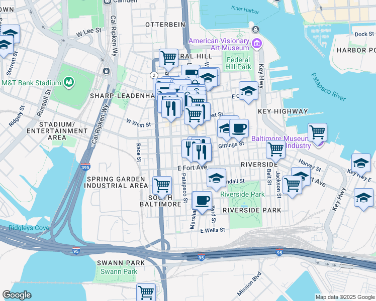 map of restaurants, bars, coffee shops, grocery stores, and more near 1416 Marshall Street in Baltimore