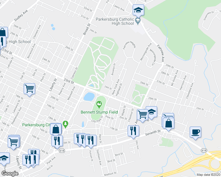 map of restaurants, bars, coffee shops, grocery stores, and more near 2401 Brooklyn Avenue in Parkersburg