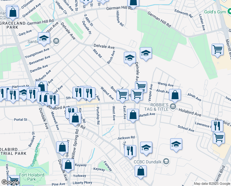 map of restaurants, bars, coffee shops, grocery stores, and more near 1778 Brookview Road in Dundalk