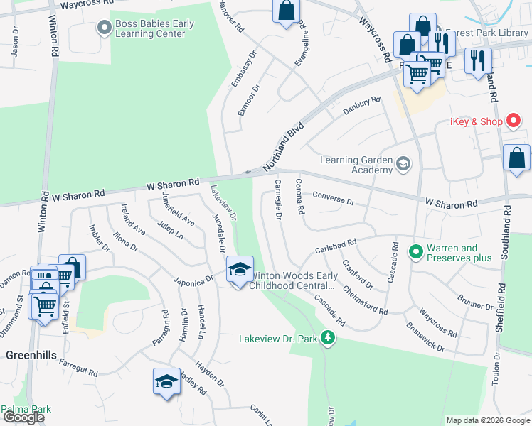 map of restaurants, bars, coffee shops, grocery stores, and more near 10943 Carnegie Drive in Cincinnati