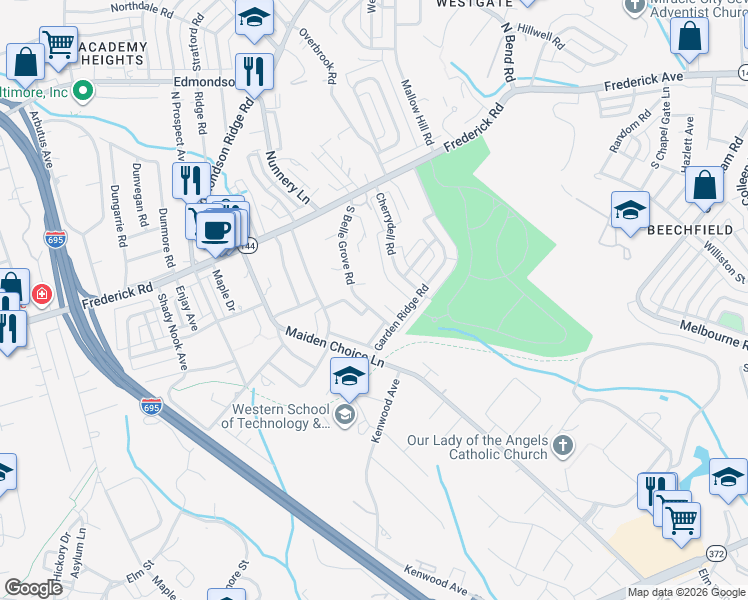 map of restaurants, bars, coffee shops, grocery stores, and more near 17 South Belle Grove Road in Catonsville