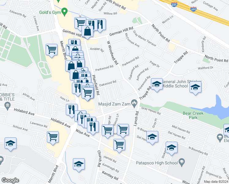 map of restaurants, bars, coffee shops, grocery stores, and more near 2812 Southbrook Road in Dundalk
