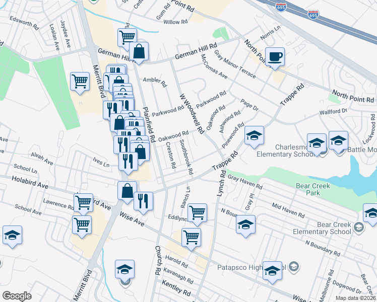 map of restaurants, bars, coffee shops, grocery stores, and more near 2801 Southbrook Road in Dundalk