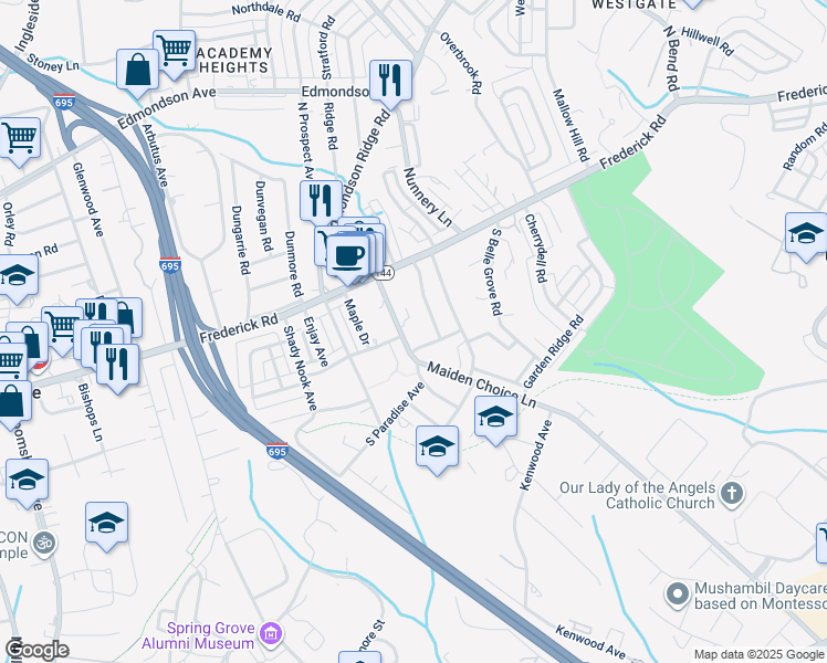map of restaurants, bars, coffee shops, grocery stores, and more near 11 South Paradise Avenue in Catonsville