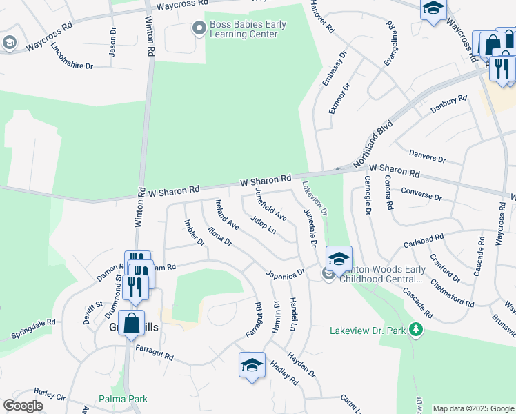 map of restaurants, bars, coffee shops, grocery stores, and more near 6 Jewel Lane in Cincinnati