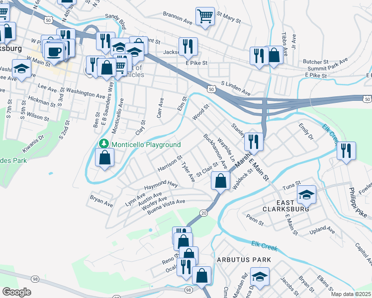 map of restaurants, bars, coffee shops, grocery stores, and more near 136 Harrison Street in Clarksburg