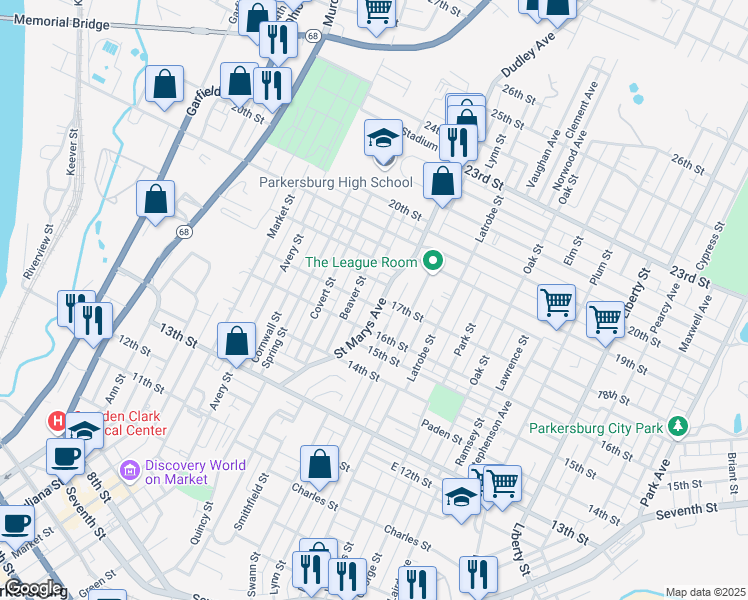 map of restaurants, bars, coffee shops, grocery stores, and more near 1716 Beaver Street in Parkersburg