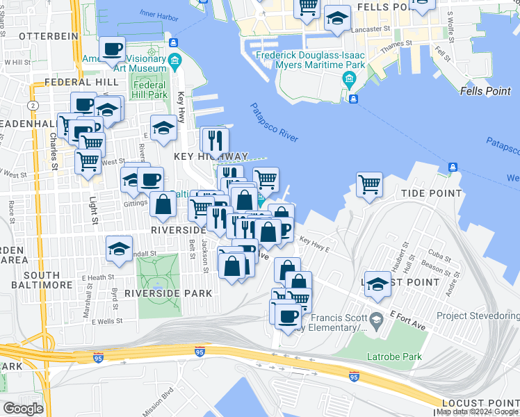 map of restaurants, bars, coffee shops, grocery stores, and more near 1415 Key Highway in Baltimore