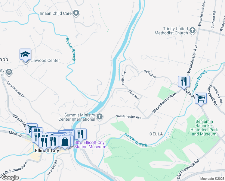 map of restaurants, bars, coffee shops, grocery stores, and more near 870 Oella Avenue in Ellicott City