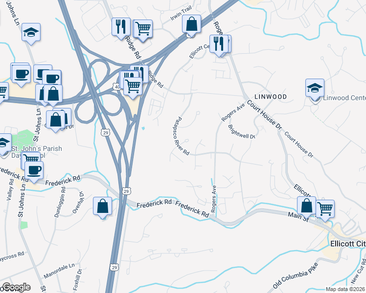 map of restaurants, bars, coffee shops, grocery stores, and more near 3500 Upper Mill Court in Ellicott City