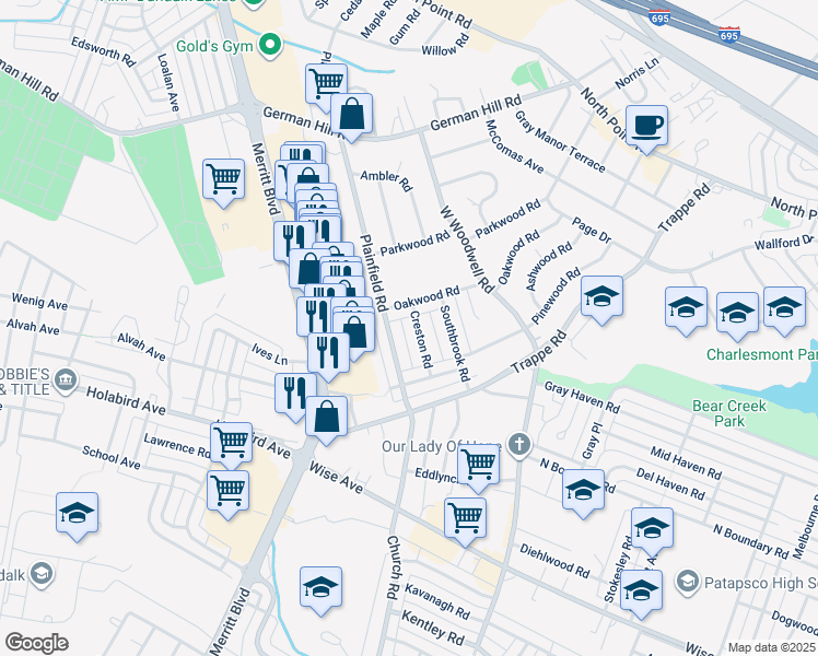 map of restaurants, bars, coffee shops, grocery stores, and more near 2712 Creston Road in Baltimore