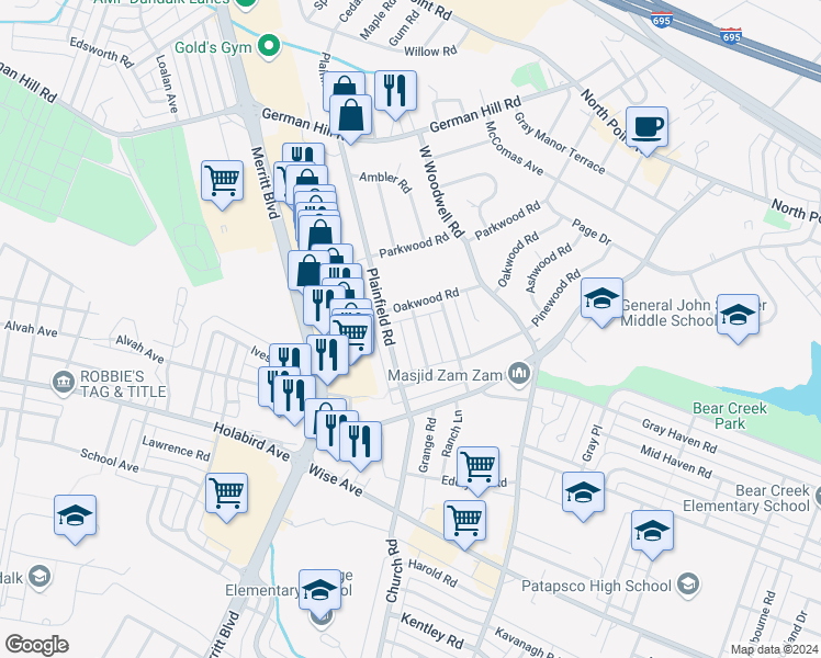 map of restaurants, bars, coffee shops, grocery stores, and more near 2712 Creston Road in Baltimore