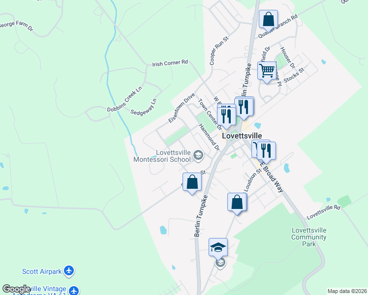 map of restaurants, bars, coffee shops, grocery stores, and more near Oakfield Drive in Lovettsville