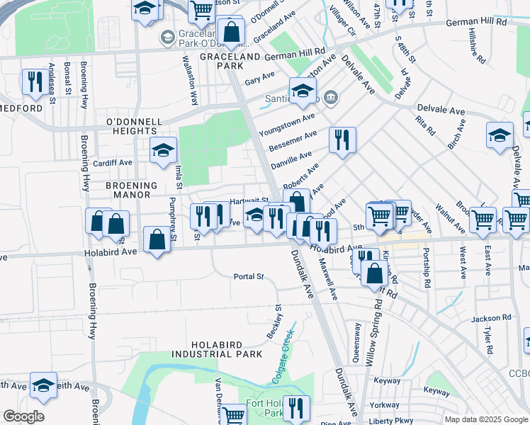 map of restaurants, bars, coffee shops, grocery stores, and more near 1708 Dundalk Avenue in Baltimore
