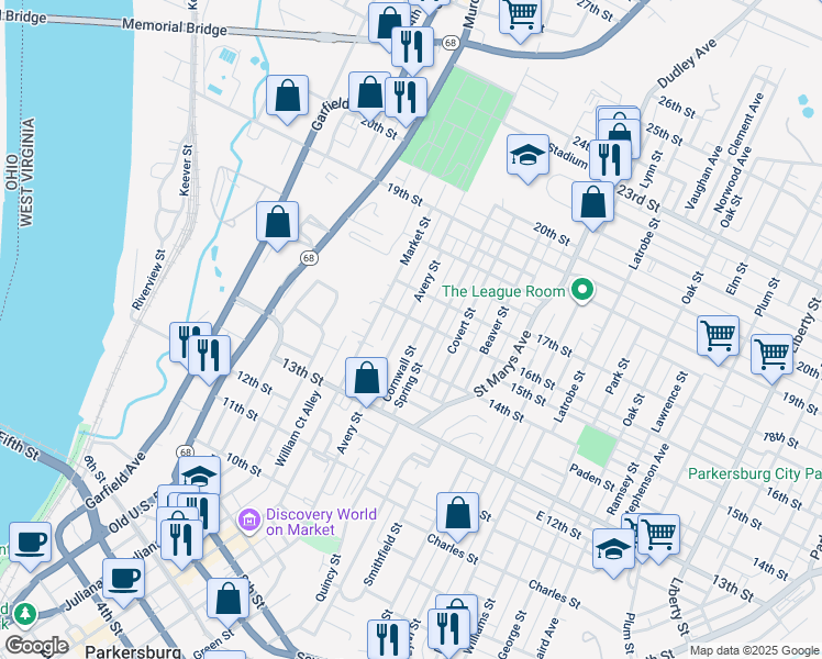 map of restaurants, bars, coffee shops, grocery stores, and more near 1511 Avery Street in Parkersburg