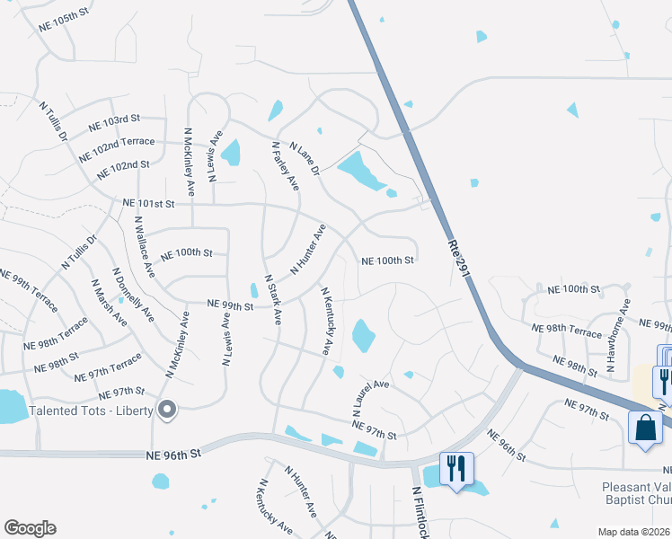 map of restaurants, bars, coffee shops, grocery stores, and more near 10008 North Kentucky Avenue in Kansas City