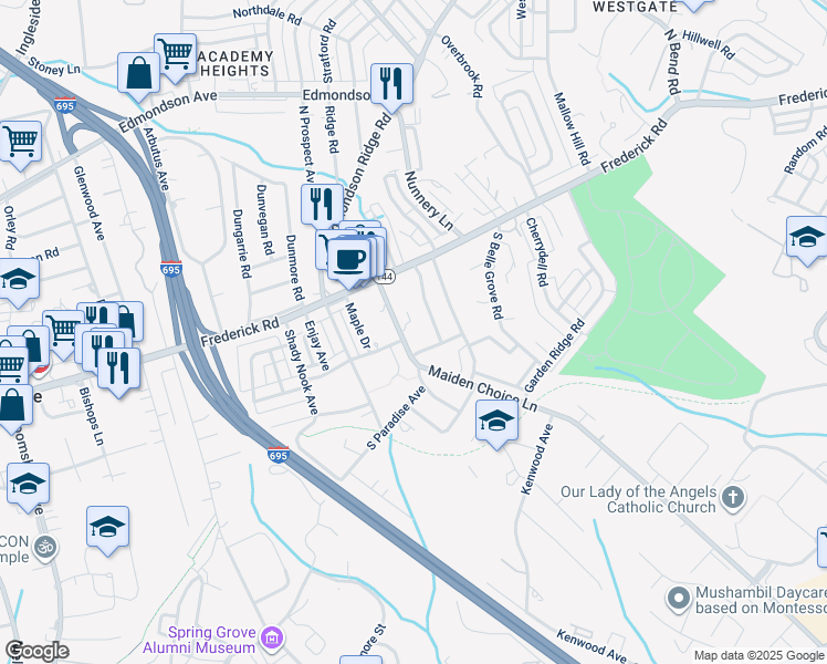 map of restaurants, bars, coffee shops, grocery stores, and more near 11 South Paradise Avenue in Catonsville