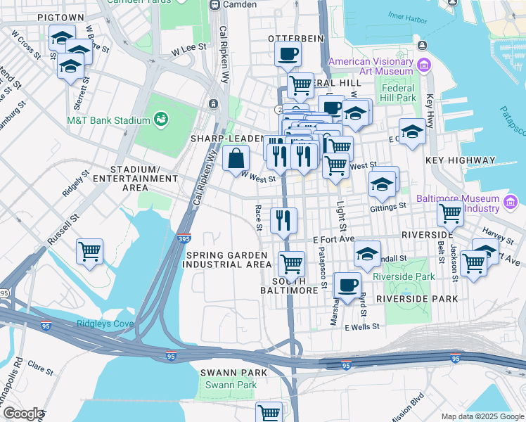 map of restaurants, bars, coffee shops, grocery stores, and more near 123 Burnett Street in Baltimore