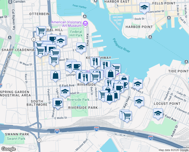 map of restaurants, bars, coffee shops, grocery stores, and more near Jackson St & E Clement St in Baltimore