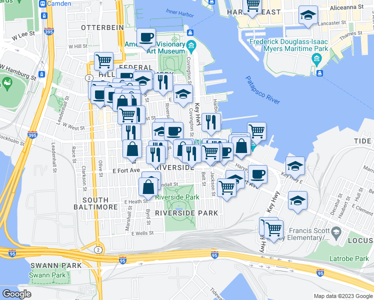 map of restaurants, bars, coffee shops, grocery stores, and more near 432 East Clement Street in Baltimore