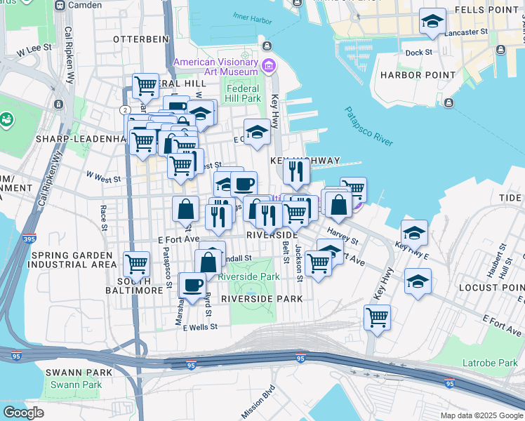 map of restaurants, bars, coffee shops, grocery stores, and more near 432 East Clement Street in Baltimore