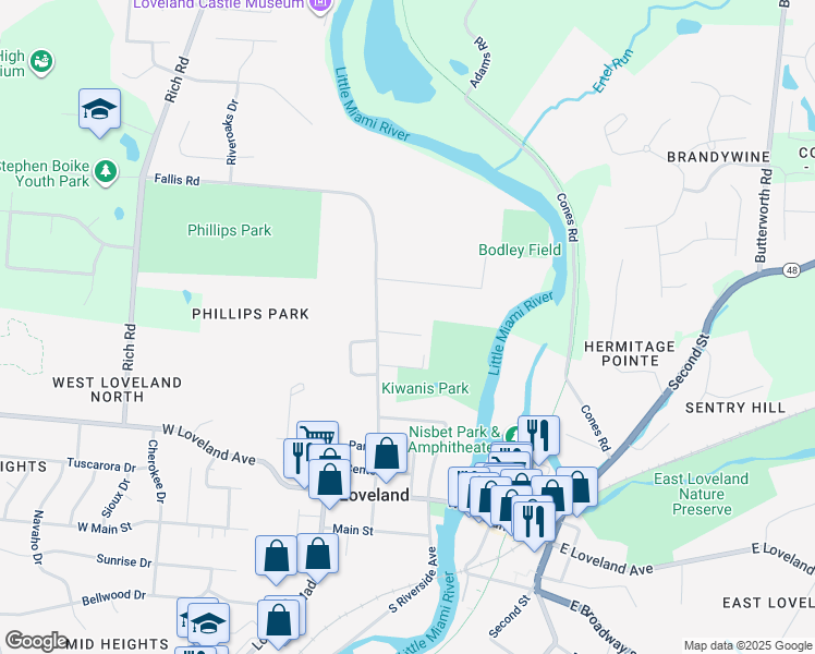 map of restaurants, bars, coffee shops, grocery stores, and more near 13 Shadycrest Lane in Loveland