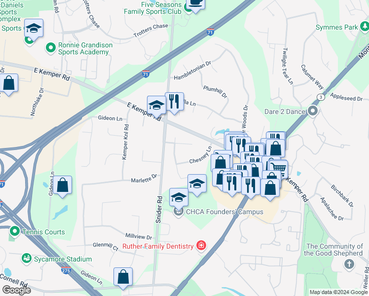 map of restaurants, bars, coffee shops, grocery stores, and more near 8355 Jeanette Lane in Cincinnati