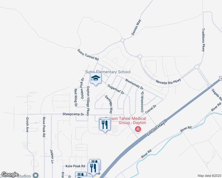 map of restaurants, bars, coffee shops, grocery stores, and more near 539 Sugarloaf Drive in Dayton