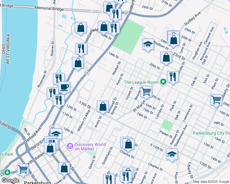 map of restaurants, bars, coffee shops, grocery stores, and more near 1506 Avery Street in Parkersburg