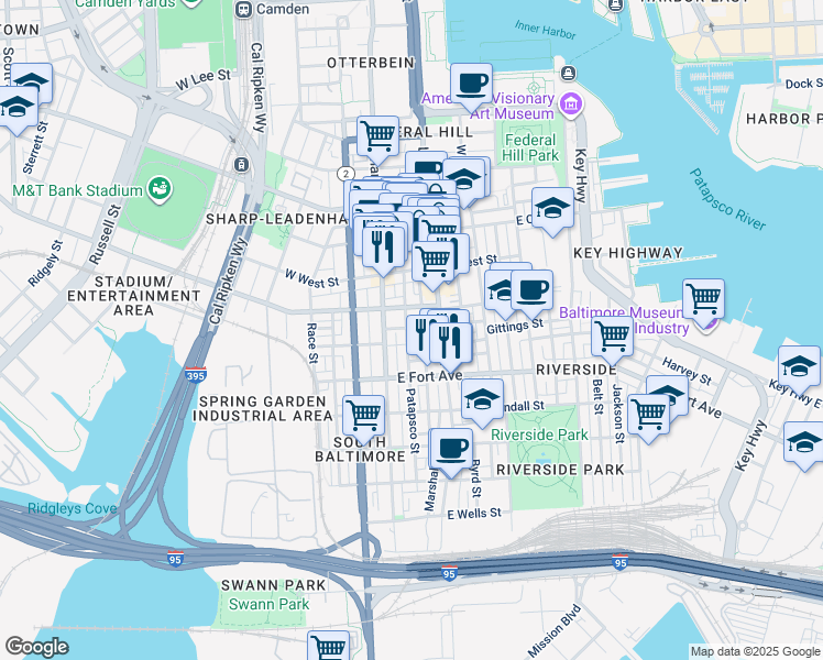 map of restaurants, bars, coffee shops, grocery stores, and more near 1401 Patapsco Street in Baltimore