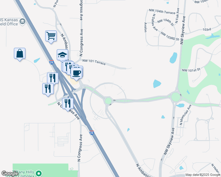 map of restaurants, bars, coffee shops, grocery stores, and more near 7399 Northwest Polo Drive in Kansas City