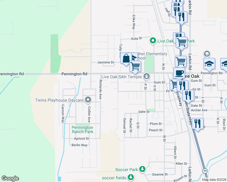 map of restaurants, bars, coffee shops, grocery stores, and more near 9886 Dee Ree Road in Live Oak