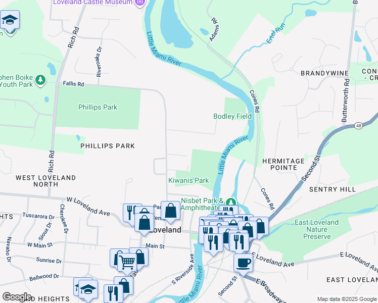 map of restaurants, bars, coffee shops, grocery stores, and more near 13 Shadycrest Lane in Loveland