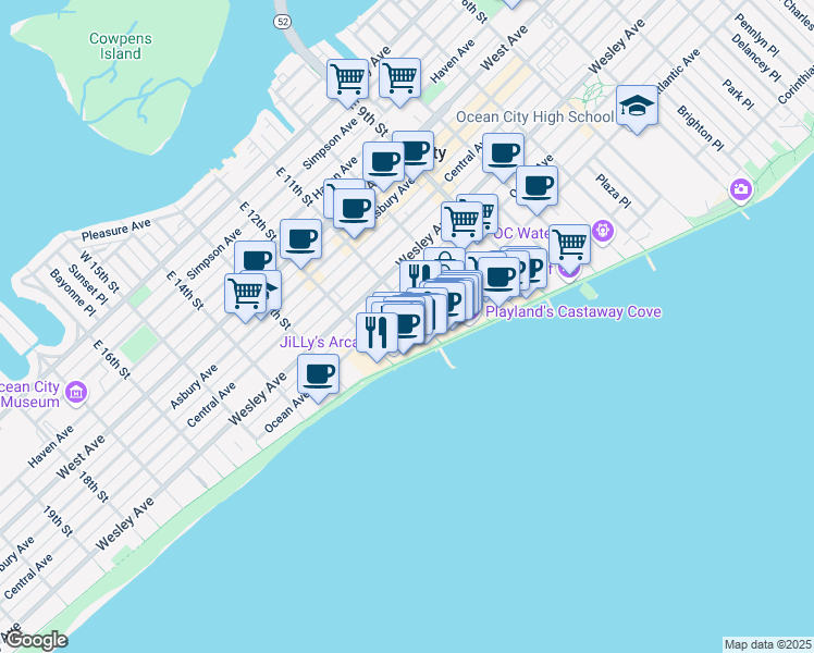 map of restaurants, bars, coffee shops, grocery stores, and more near 1101 Ocean Avenue in Ocean City