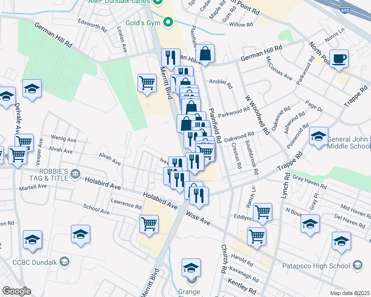 map of restaurants, bars, coffee shops, grocery stores, and more near 1401 Merritt Boulevard in Dundalk