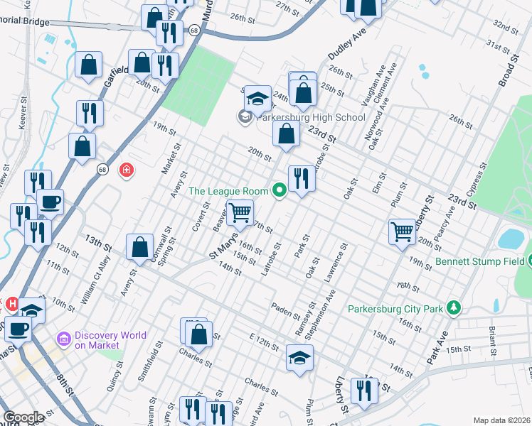 map of restaurants, bars, coffee shops, grocery stores, and more near 1722 Saint Marys Avenue in Parkersburg
