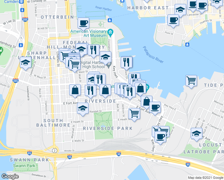 map of restaurants, bars, coffee shops, grocery stores, and more near 1417 Covington Street in Baltimore