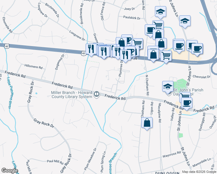 map of restaurants, bars, coffee shops, grocery stores, and more near 3602 Joycin Court in Ellicott City