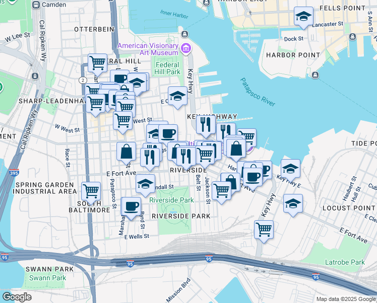 map of restaurants, bars, coffee shops, grocery stores, and more near 1417 Covington Street in Baltimore