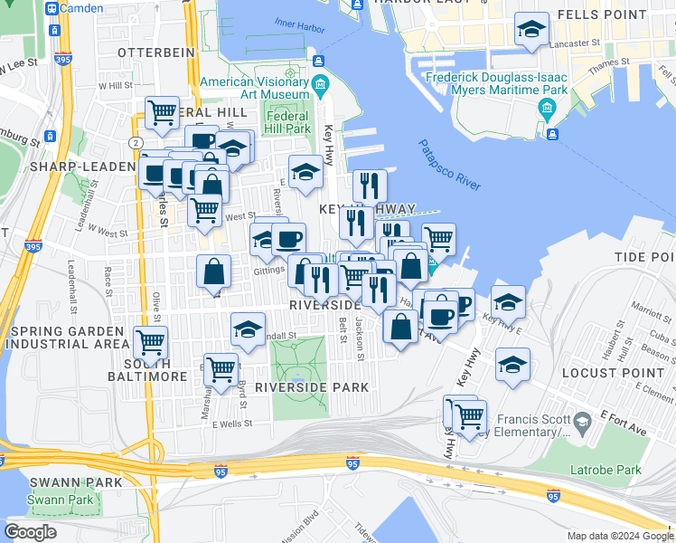 map of restaurants, bars, coffee shops, grocery stores, and more near 518 East Clement Street in Baltimore