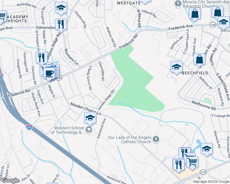 map of restaurants, bars, coffee shops, grocery stores, and more near 406-498 Taylor Avenue in Catonsville