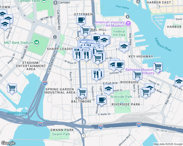 map of restaurants, bars, coffee shops, grocery stores, and more near Patapsco St & E Gittings St in Baltimore