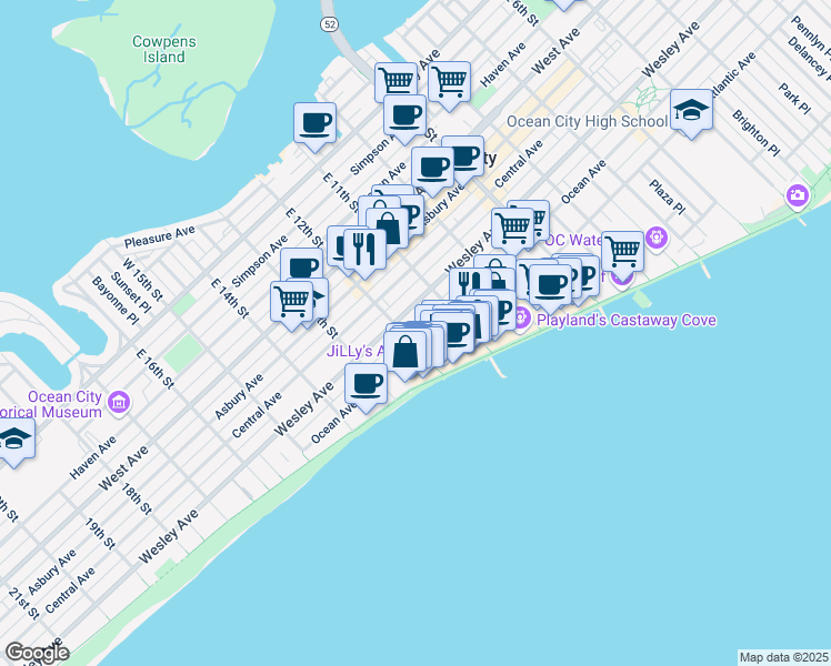 map of restaurants, bars, coffee shops, grocery stores, and more near 1127 Wesley Avenue in Ocean City