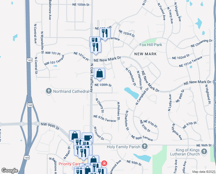 map of restaurants, bars, coffee shops, grocery stores, and more near 633 Northeast 100th Street in Kansas City
