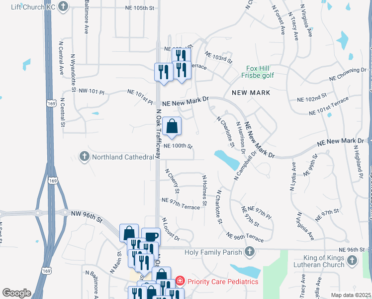 map of restaurants, bars, coffee shops, grocery stores, and more near 633 Northeast 100th Street in Kansas City